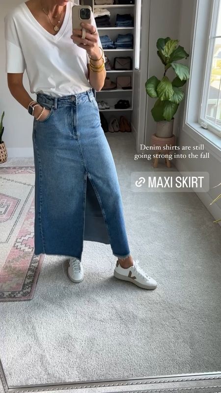 Maxi skirts are huge for fall-winter ‘23!! 
Wearing my tts 6 in this denim skirt 
I’m 5’10” for height reference 

#LTKSeasonal #LTKover40 #LTKstyletip