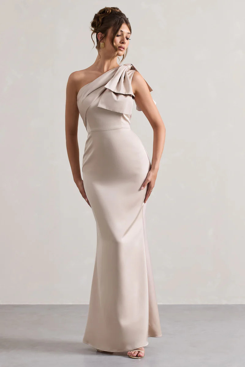 Lady  Champagne Satin One Shoulder Maxi Dress With Bow | Club L London