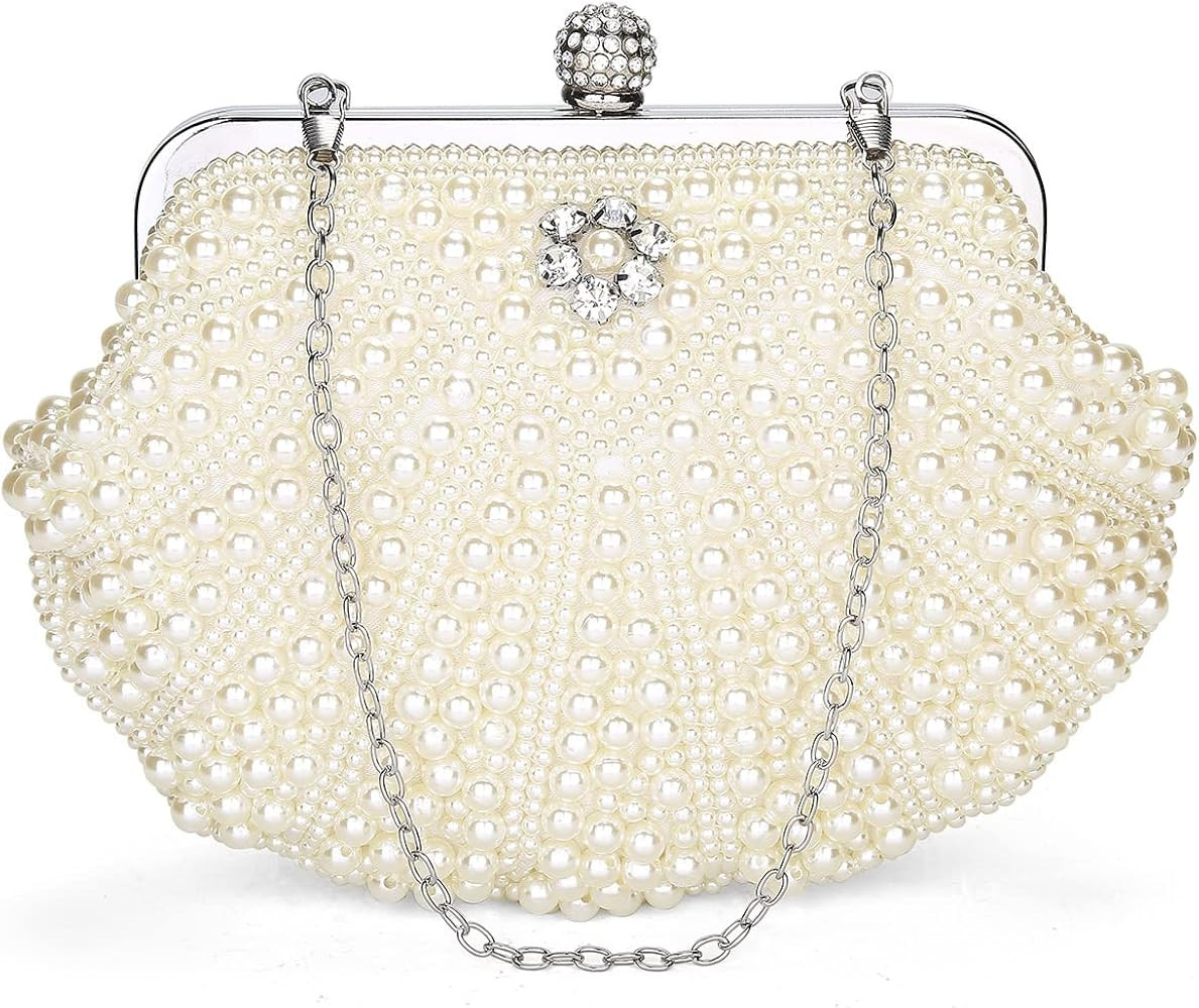 UBORSE Women Pearl Clutch Bag Noble Crystal Beaded Evening Bag Wedding Clutch with Pearl Chain | Amazon (US)