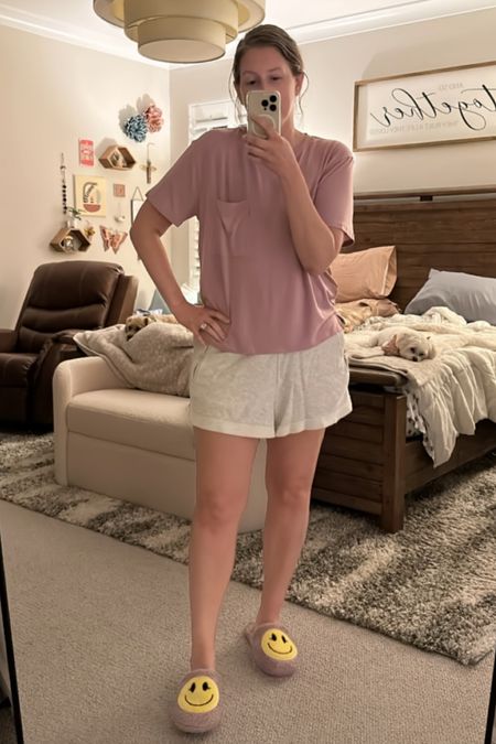 The softest tees I wear pretty much every night. And you can’t go wrong with Aerie comfy shorts.

Wearing a medium in both, runs TTS