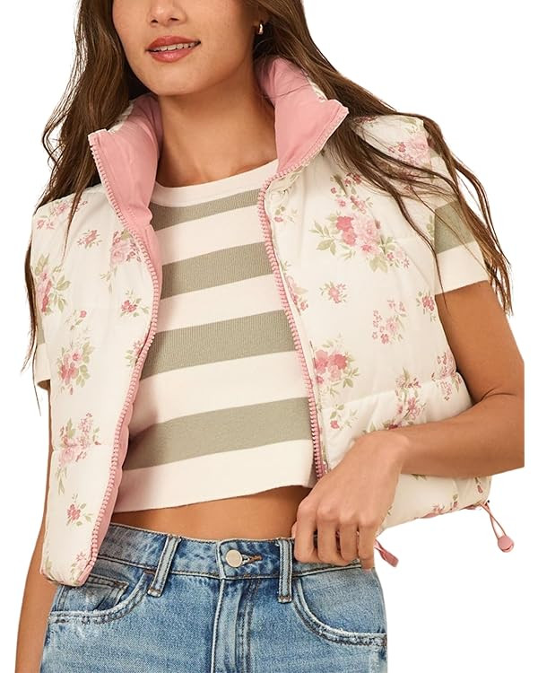 InterNos Womens Cropped Floral Print Puffer Vest Lightweight Stand Collar Zip up Sleeveless Winte... | Amazon (US)