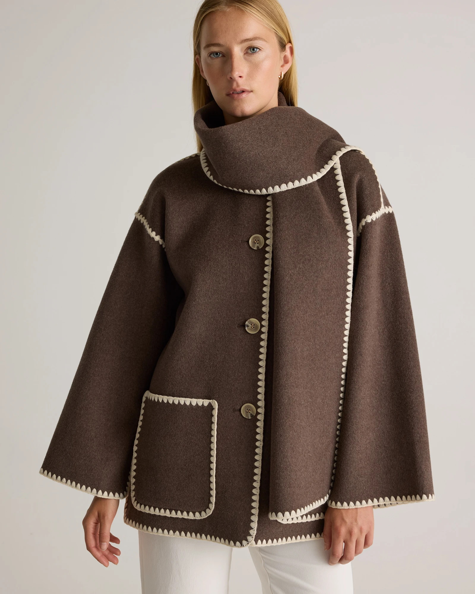 Quince | Women's Double-Faced Merino Wool Scarf Coat in Cocoa Melange, Size XL | Quince