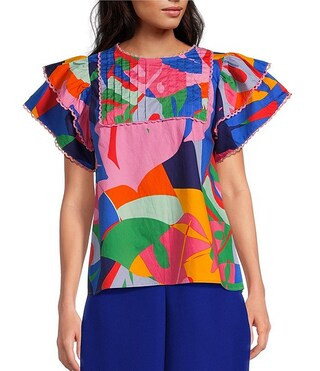 Sugarlips Tropical Abstract Floral Print Pin Tuck Lace Trim Top | Dillard's | Dillard's