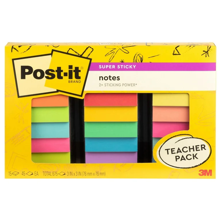 Post-it Super Sticky Notes Teacher Pack, Assorted Colors, 3 in. x 3 in., 15 Pads | Walmart (US)