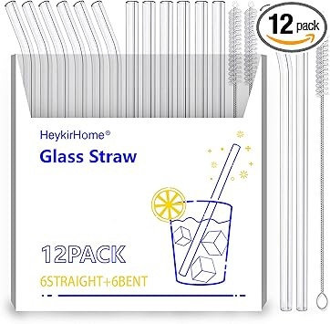 HeykirHome 12-Pack Reusable Glass Straw,Size 8.5''x10 MM,Including 6 Straight and 6 Bent with 2 C... | Amazon (US)