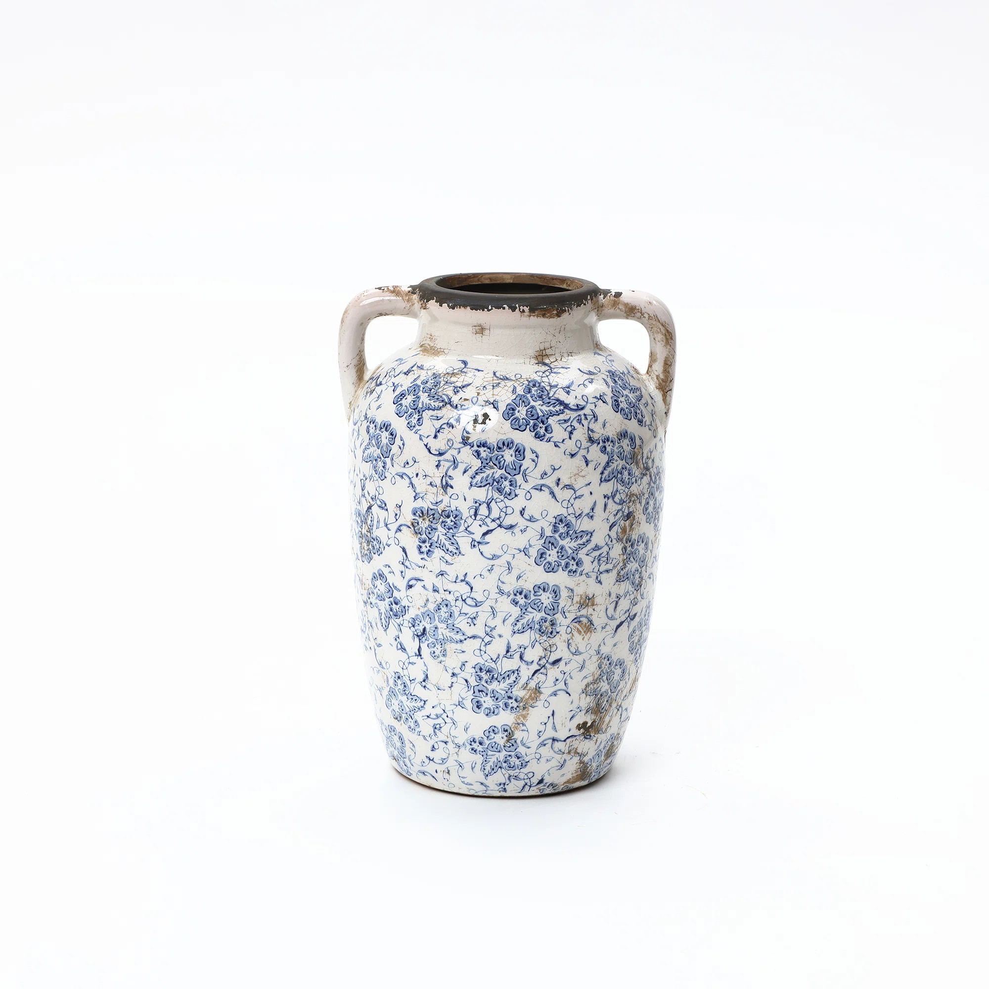 Vintage Blue Floral Vase with Handles, Ceramic Jar for Farmhouse Home Décor | Wayfair North America