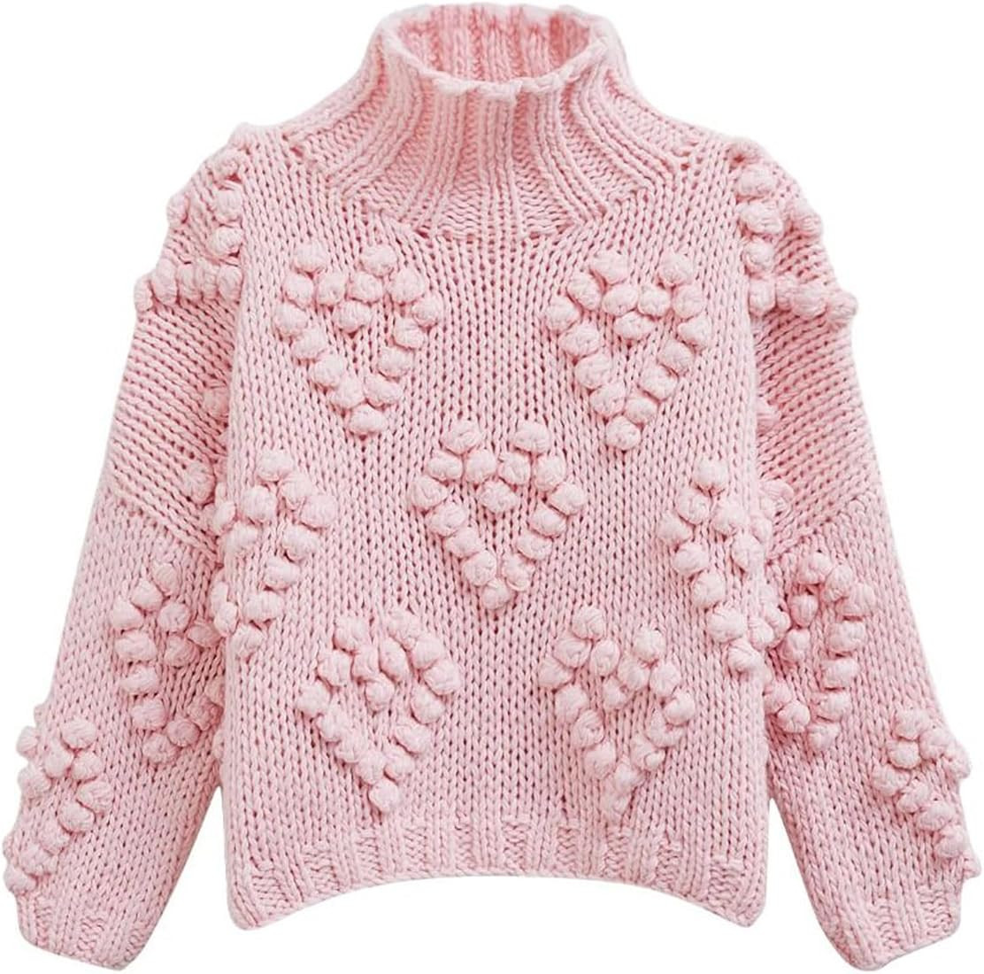 CHICWISH Womens Turtleneck Sweater Heart Pom Pom Pullover Sweaters Long Sleeve Loose Chunky Knit ... | Amazon (US)