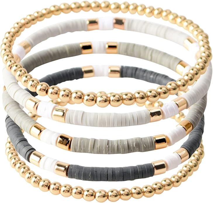 GOOJIDS Surfer Heishi Clay Bead Bracelets for Women Bohemian Stackable Evil Eye Vinyl Disc Beaded... | Amazon (US)