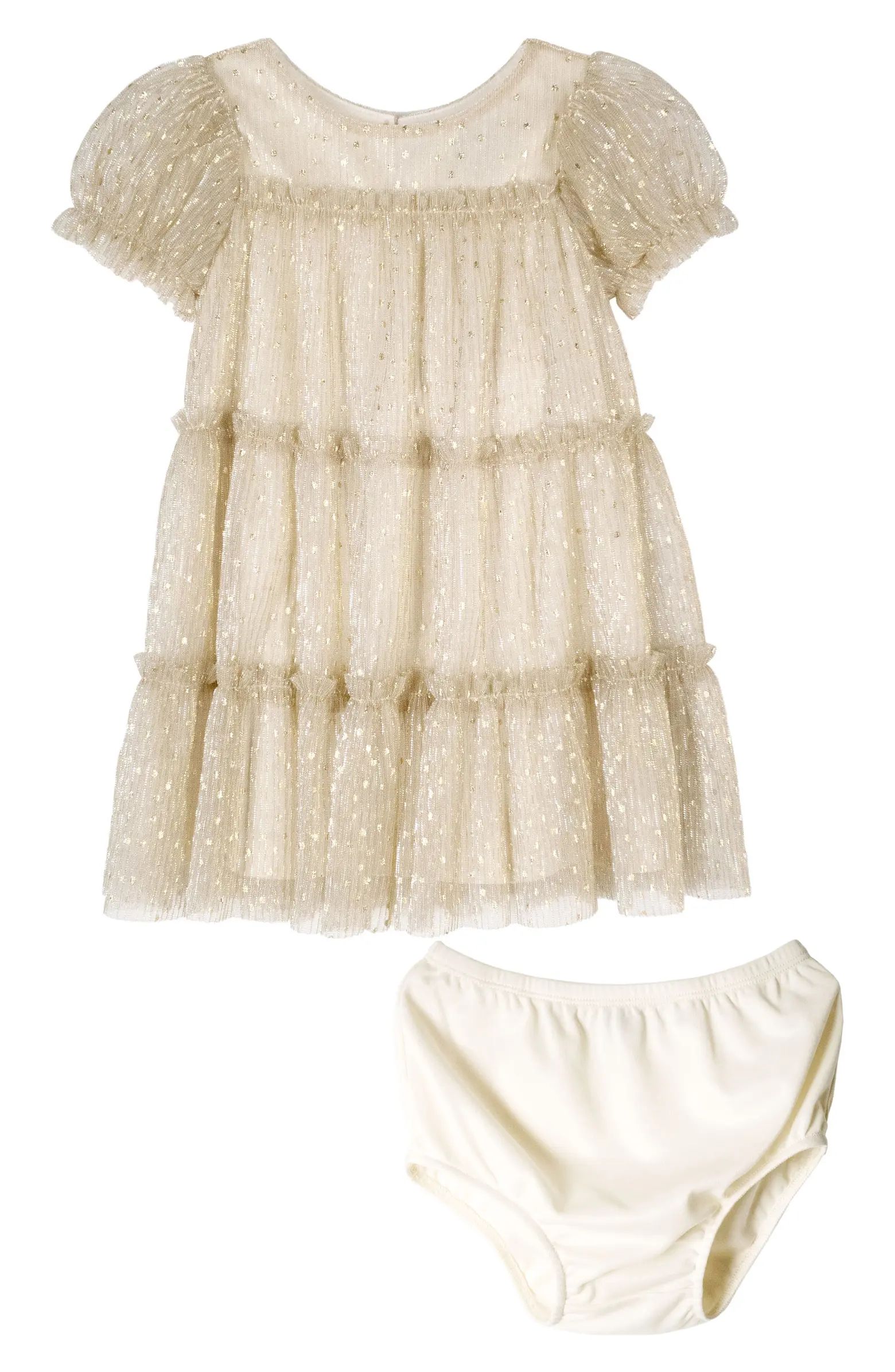 Metallic Puff Sleeve Tiered Tulle Dress & Bloomers | Nordstrom