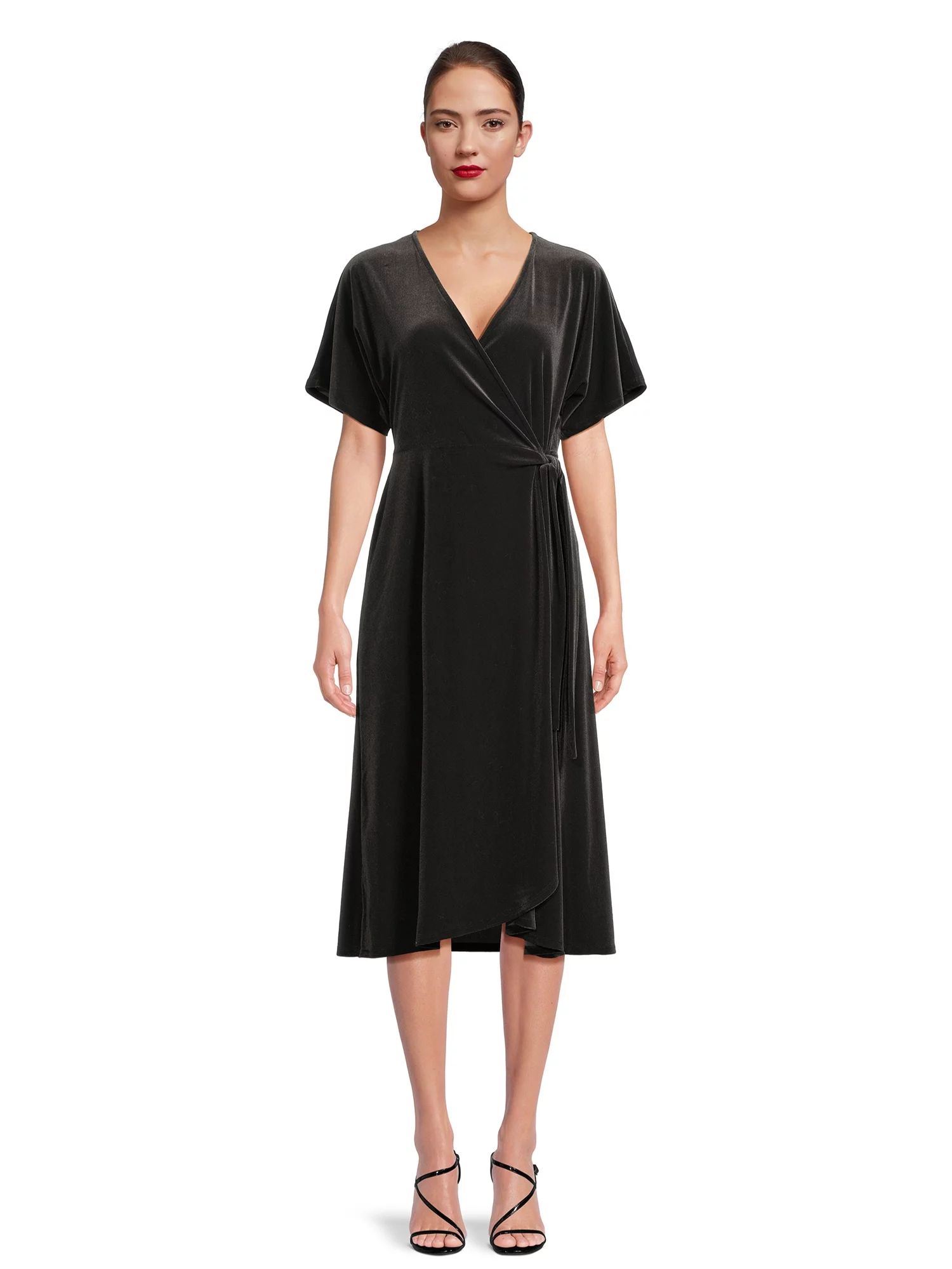 Time and Tru Women's Velvet Wrap Midi Dress with Short Sleeves, Sizes XS-XXXL - Walmart.com | Walmart (US)