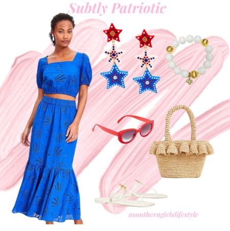 The Shell Eyelet on the Blue 2 Piece also looks like subtle fireworks to me! Such a cute set & it’s on Sale! 

Star Statement Earrings & White Beaded Bracelet from BriannaCannon.com & my discount code is: 10Anna 

Red Sunglasses, Ruffle Raffia Bag & Jelly Sandals complete the look. 

Memorial Day. 4th of July. Summer Outfit  

#LTKFindsUnder100 #LTKSeasonal #LTKStyleTip