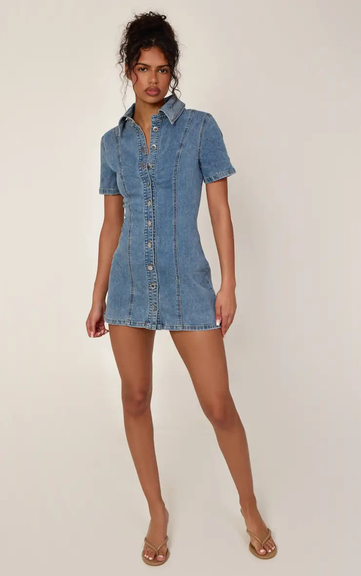 Mid Blue Wash Mid Blue Wash Short Sleeve Seam Detail Button Down Denim Mini Dress | PrettyLittleT... | PrettyLittleThing US