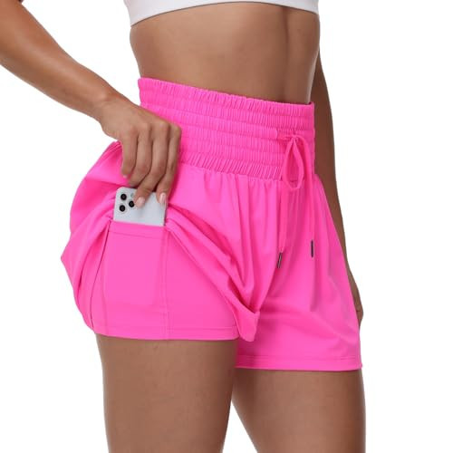 Flowy Athletic Shorts for Women Workout Running Gym Yoga Sport Short Pants Sweat Tennis Skirt Skort High Waisted with Pockets Biker Spandex Cute Comfy Lounge Trendy Clothes Casual Summer Rose Pink L | Amazon (US)