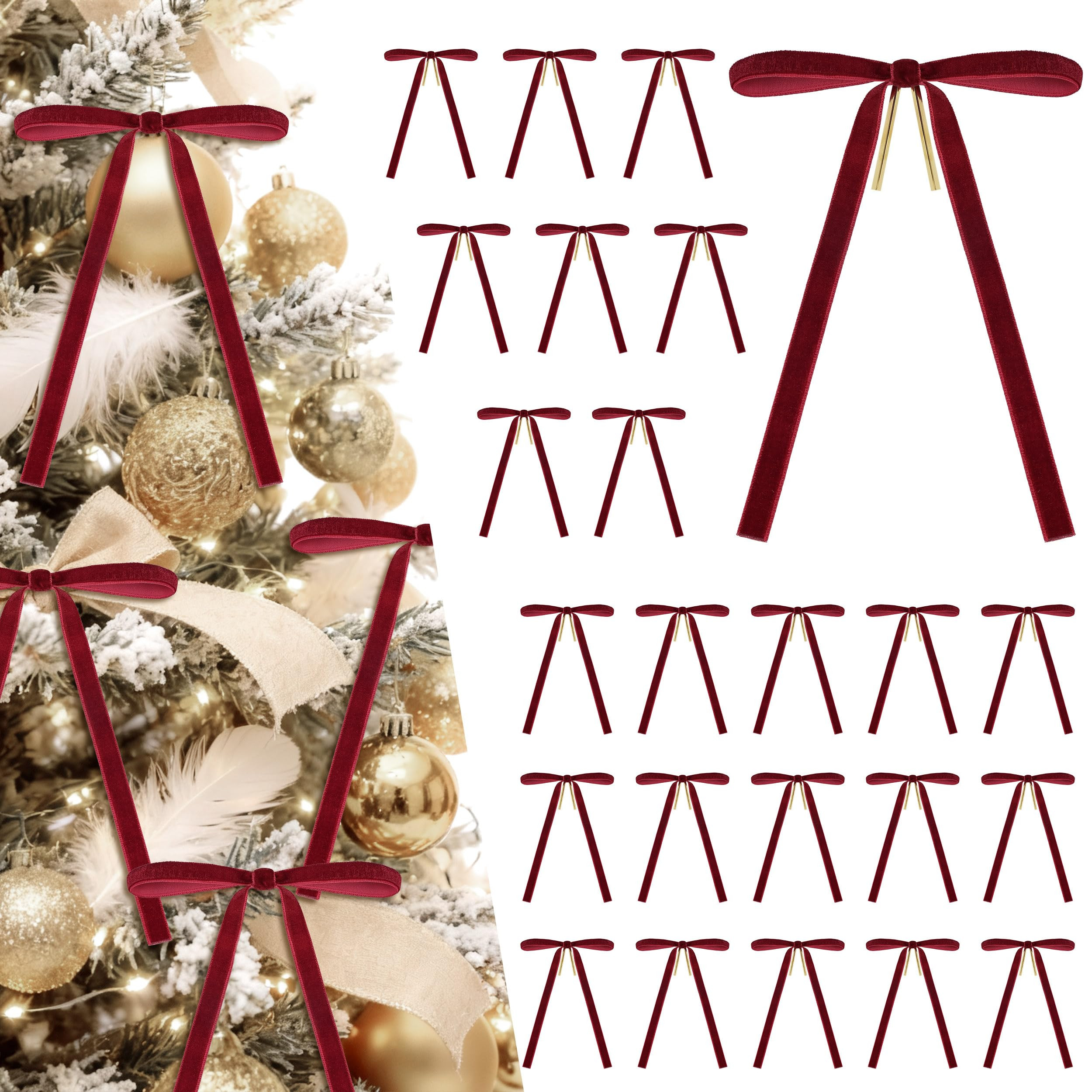 Der Rose 24Pcs Red Velvet Bows Burgundy Christmas Ornaments Ribbon Bows for Christmas Tree Garlan... | Amazon (US)