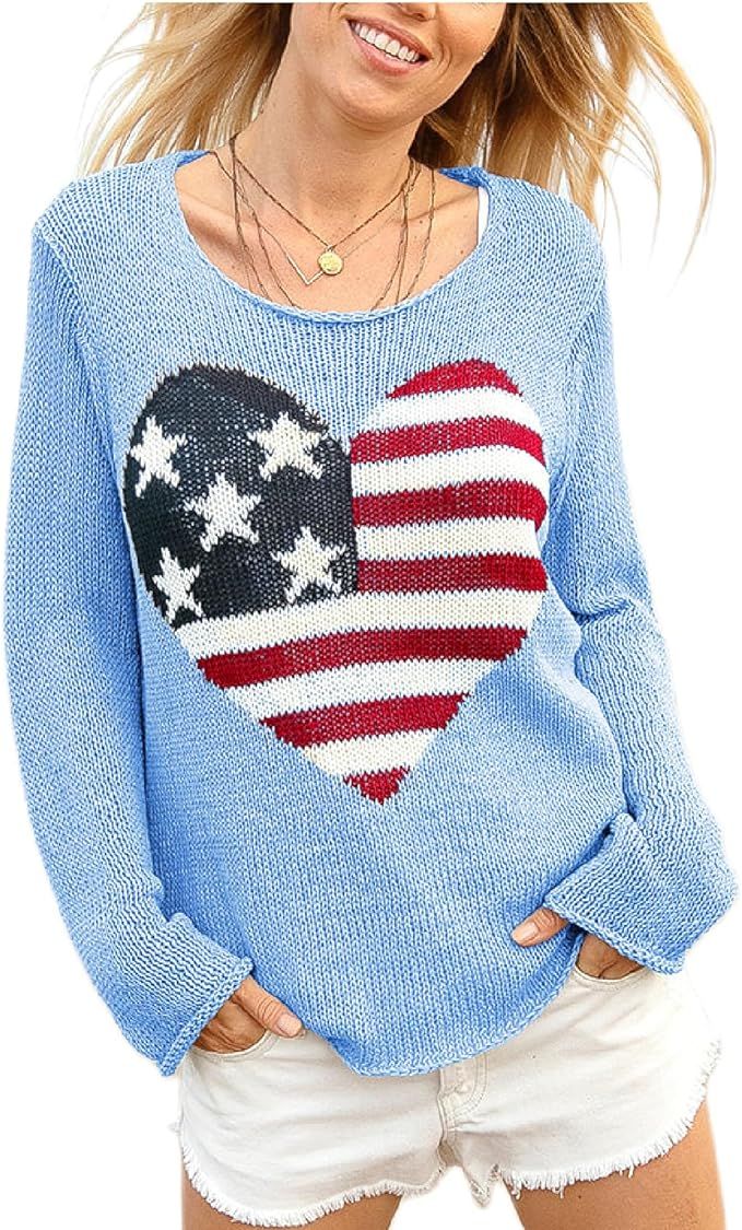 Women American Flag Summer Knit Sweater 4th of July Gift Long Sleeve Loose Outfits Vintage Hollow... | Amazon (US)