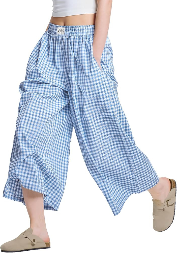 LOMON Womens Wide Leg Capri Pants Cotton Gingham Plaid Culottes Summer Elastic Waist Palazzo Trou... | Amazon (US)