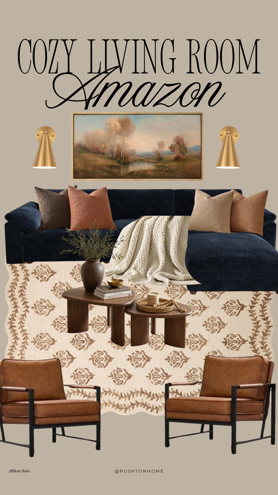 Amazon cozy living room, navy sectional sofa, leather accent chairs, warm living room decor, wood coffee table, olive branch vase, decorative coffee table books, brass wall sconces, patterned area rug, neutral throw blanket, organic modern living room, cozy home aesthetic, living room inspiration, earthy decor, designer inspired living room, Amazon furniture finds, modern traditional decor, luxury living room, home styling ideas, Amazon home decor 

 #LTKHome