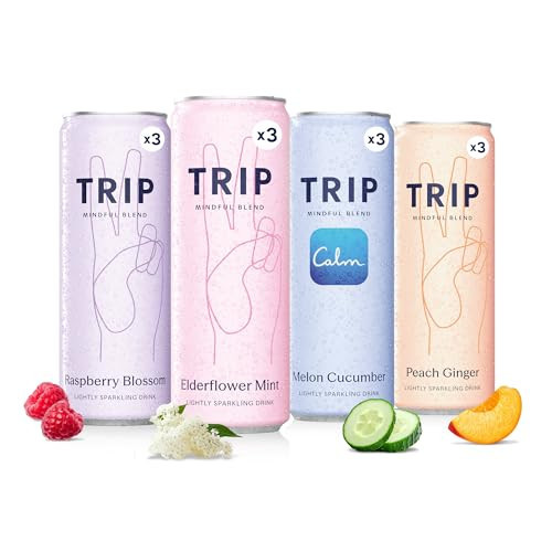 TRIP Lightly Sparkling Adaptogen Seltzer, Non-Alcoholic Mocktail with Magnesium, Ashwagandha, Lions Mane & L Theanine, No Added Sugar, Vegan, Original Variety Pack, 12 Oz, 12Pk | Amazon (US)