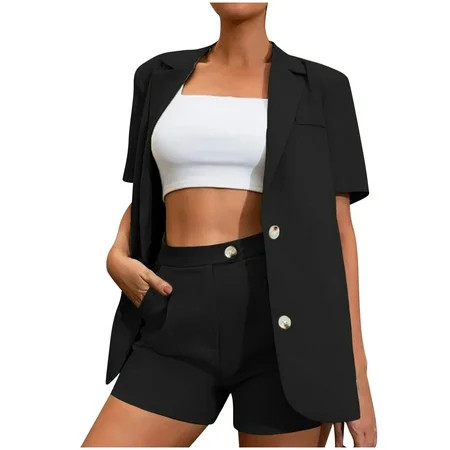 FAVIPT Women s 2 Piece Bussiness Outfits 2023 Summer Open Front Short Sleeve Blazer and Short Pant S | Walmart (US)