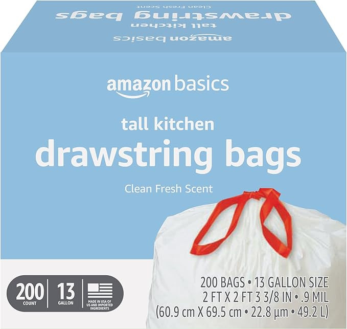 Amazon Basics Scented Trash Bags, Tall Kitchen Drawstring, Clean Fresh Scent, 13 Gallon, 200 Coun... | Amazon (US)