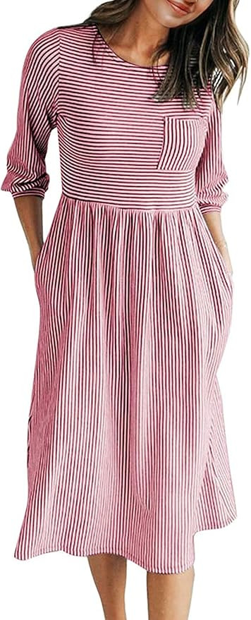 MEROKEETY Women's 3/4 Balloon Sleeve Striped High Waist T Shirt Midi Dress with Pockets | Amazon (US)