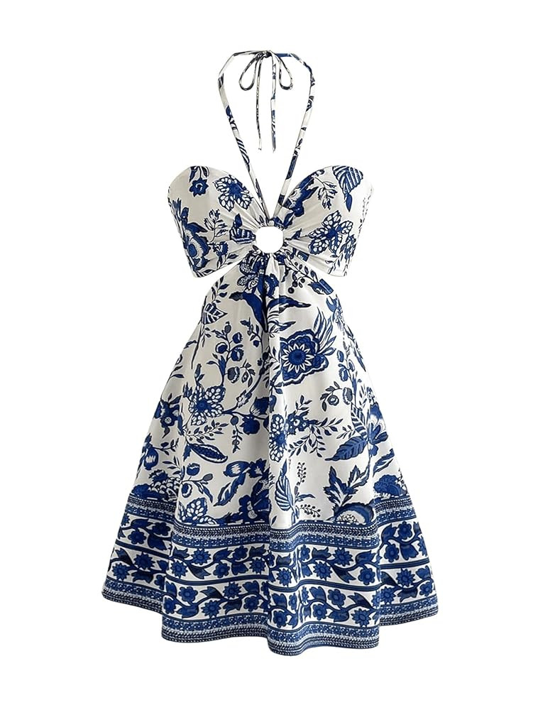 Floerns Women's Floral Halter Neck Vacation Dress Sleeveless Cut Out Boho Cami Dress | Amazon (US)