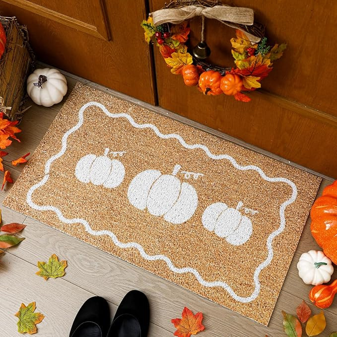 Dunzy Fall White Pumpkin Doormats Farmhouse Imitation Coir Outdoor Mat Autumn Welcome Harvest Fro... | Amazon (US)