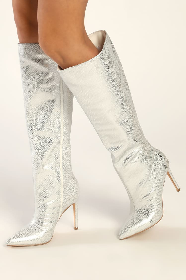 Weist Silver Metallic Snake-Embossed Pointed-Toe Knee High Boots | Lulus (US)
