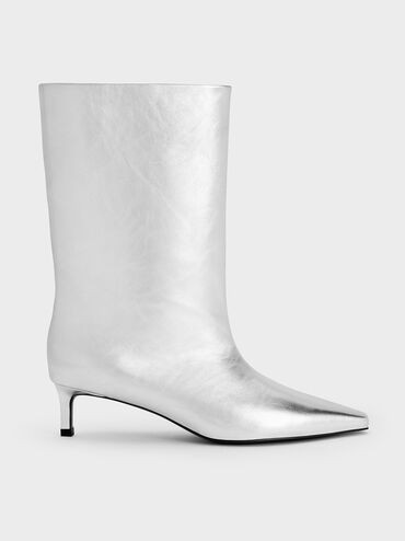 Metallic Elongated Tapered-Toe Kitten-Heel Calf Boots
    
         - Silver | Charles & Keith UK