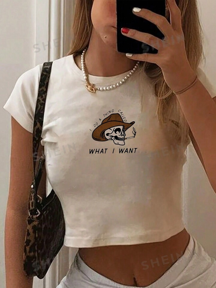 SHEIN EZwear Women's Summer Casual Short Sleeve Round Neck Tee With Slogan And Skull Print | SHEI... | SHEIN