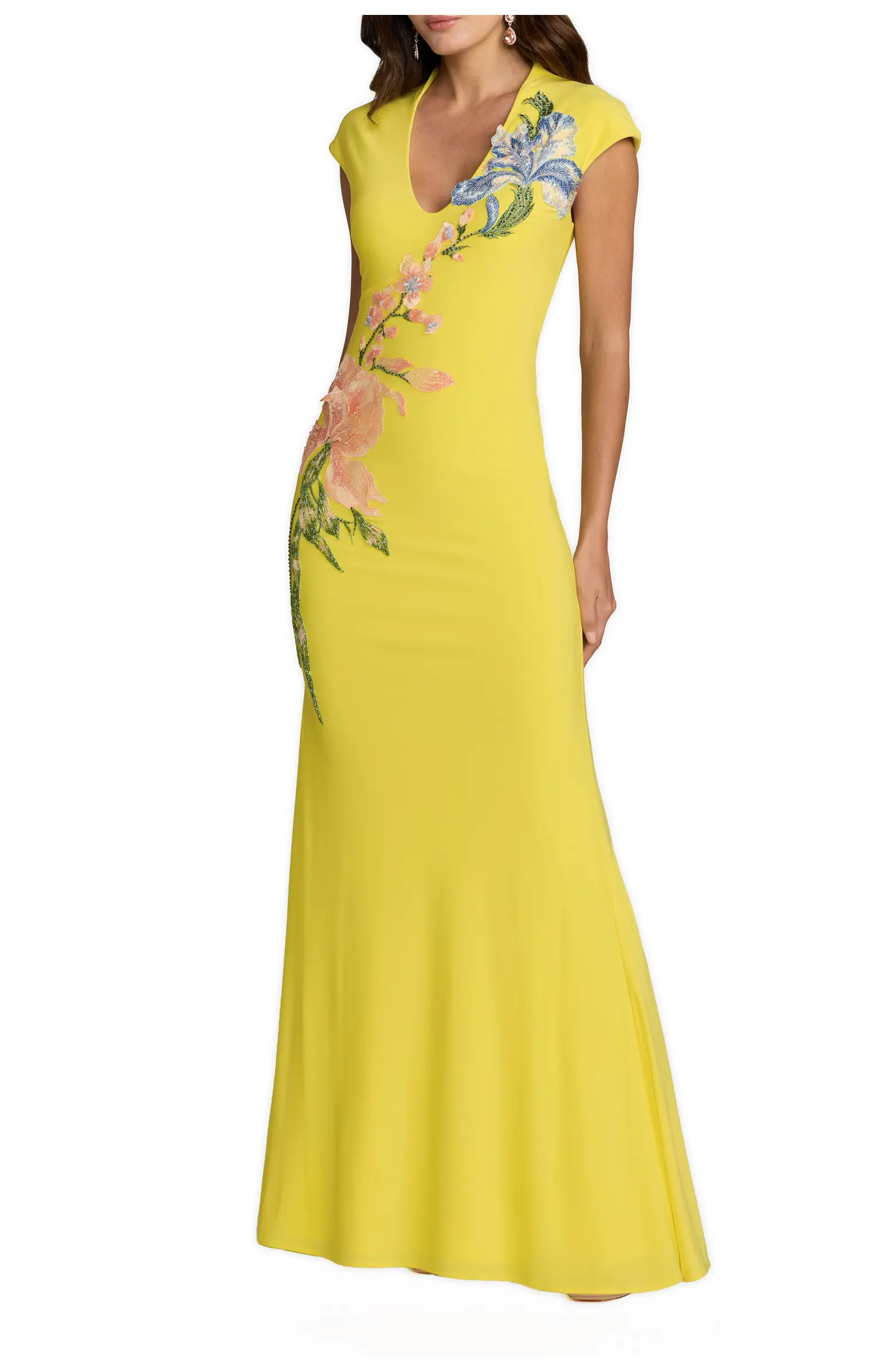 Mac Duggal Cap Sleeve Scoop Neck Jersey Floral Detail Gown | Nordstrom | Nordstrom