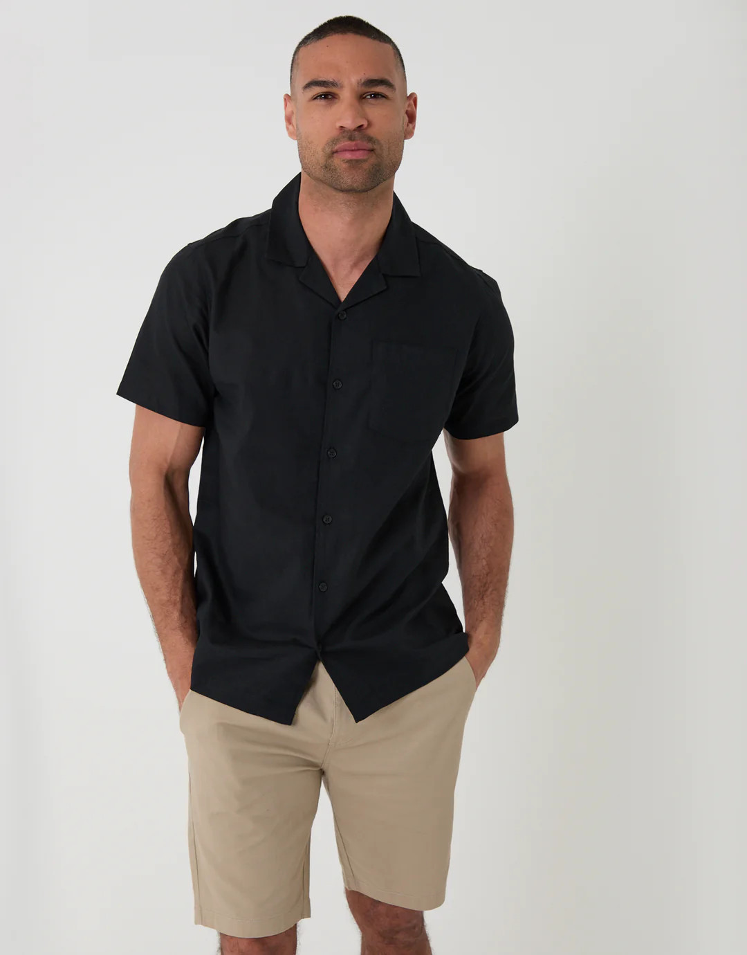 Linen Cotton Blend Short Sleeve Shirt in Black | Threadbare UK