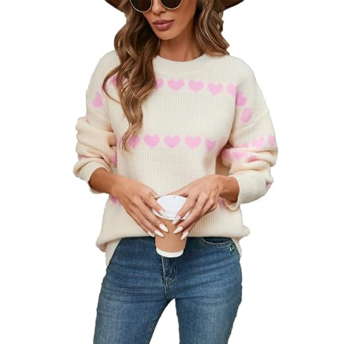 Valentine Sweater Valentine Sweaters Women Valentine's Day Pullover Sweater Cute Hearts Sweater Romantic Oversized Knitted Long Sleeve Sweaters Medium 01-Beige | Amazon (US)
