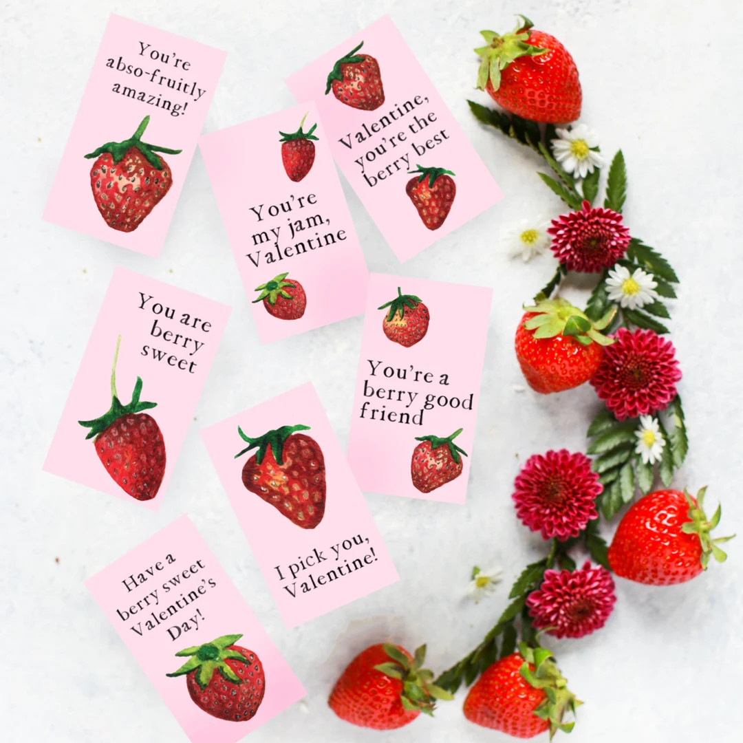 Printable Strawberry Valentines DIY Berry Valentine's Day Cards for Class Parties Sweet Valentine... | Etsy (US)