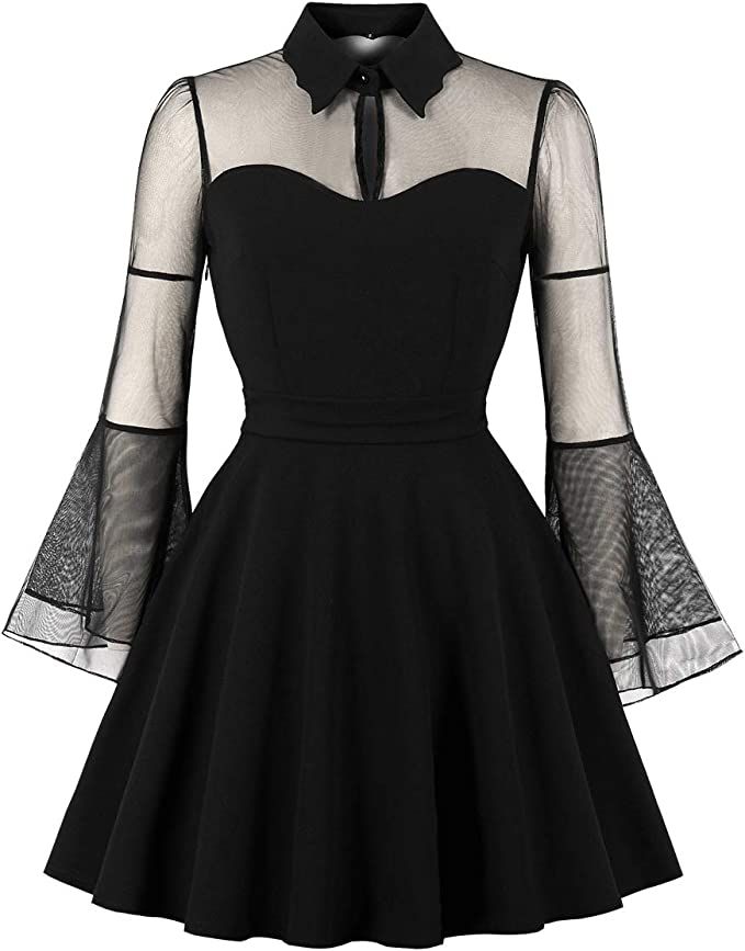 Wellwits Women's Keyhole Mesh Bell Long Sleeves Gothic Cocktail Vintage Dress | Amazon (US)