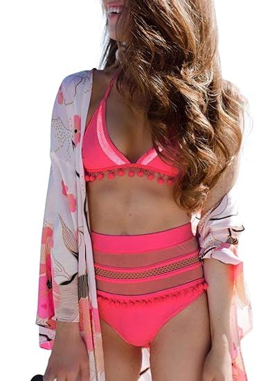 Aleumdr Womens High Waist Two Pieces Bikini Set Padded Stripe Tassel Swimsuit | Amazon (US)