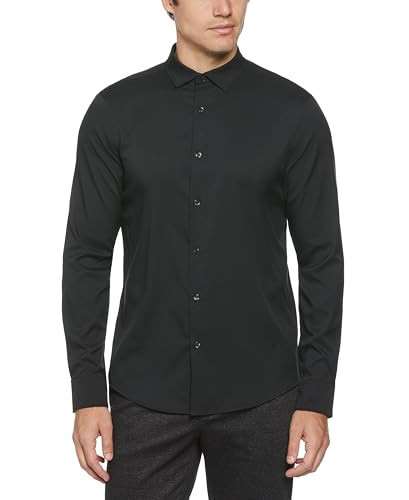 Perry Ellis Men’s Solid Long Sleeve Dress Shirt, Slim Fit, Point Collar, Lightweight Stretch Fabric, Black, X-Large | Amazon (US)