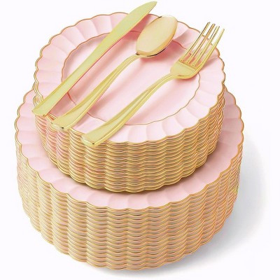 125 Piece Pink and Gold Scalloped Plastic Dinnerware Set with Cutlery Gold Rim Heavy Duty Party Plates and Utensils | Target