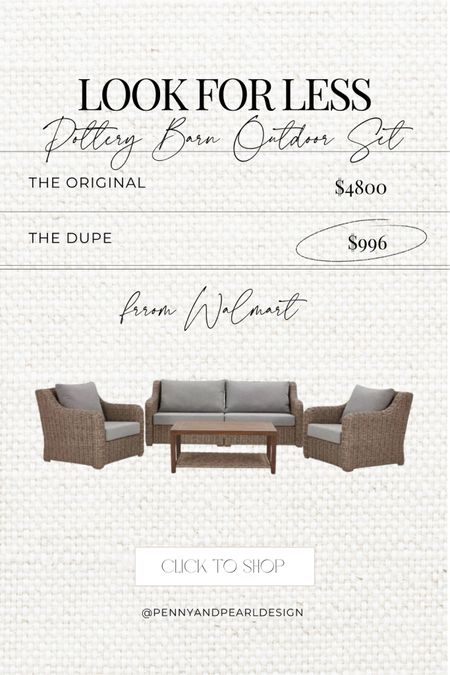 The Pottery Barn Huntington outdoor set look for less from Walmart! This 4-piece set is on sale for less than $1000 and will ship within a week for the warm weather coming our way. Get it before it sells out again!

Shop now and follow @pennyandpearldesign for more home style ✨



#LTKSpringSale #LTKhome #LTKSeasonal