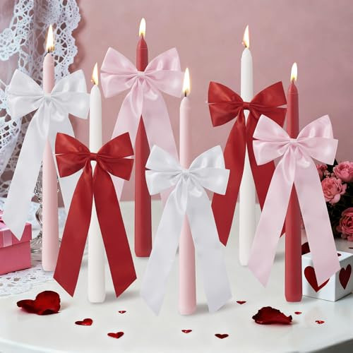 SRCVYLT 6 Pcs Bow Taper Candles Coquette Candle Sticks Decor 10 Inch Valentine Taper Candle Smokeless Unscented Wedding Candles Decor Cowgirl Gifts for Bachelorette Bridal Wedding Bow Party | Amazon (US)