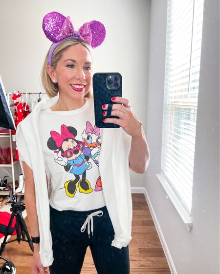 Disney outfit 
Sporty Disney outfit 
Disney tee - true to size - size small 
Disney ears 
Mouse ears 
Vuori joggers - true to size - size small 
Men’s sweatshirt size medium 

#LTKsalealert #LTKfindsunder50 #LTKover40