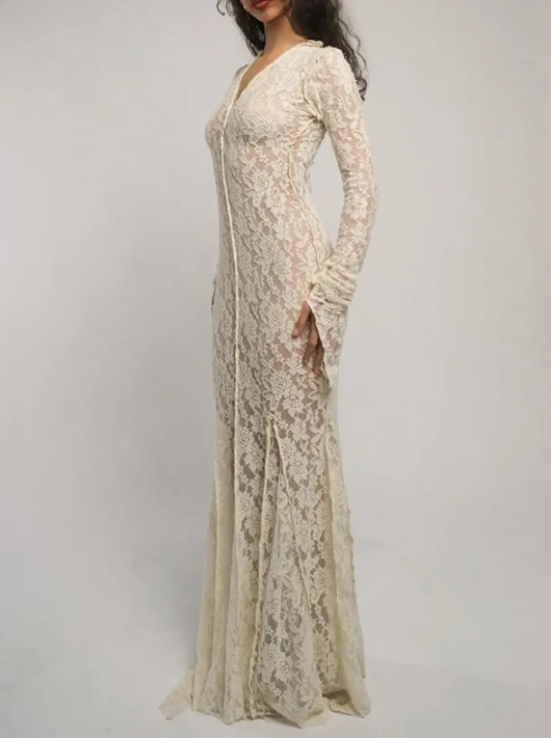 Vintage Cream Lace Stretch Maxi Dress - Wedding - Etsy | Etsy (US)