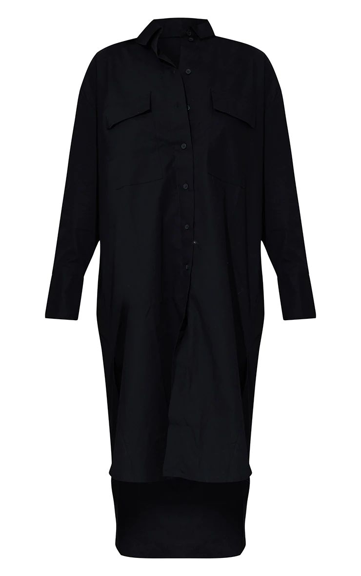 Black Drop Hem Deep Pocket Midi Shirt Dress | PrettyLittleThing UK