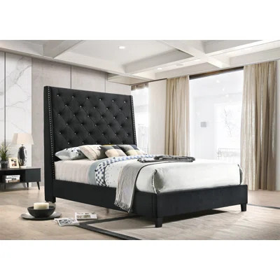 1Pc Contemporary Style Queen Panel Upholstered Bed Button Tufted Demi-Wings Nailhead Trim Gray Finish Bedroom Furniture | Wayfair North America