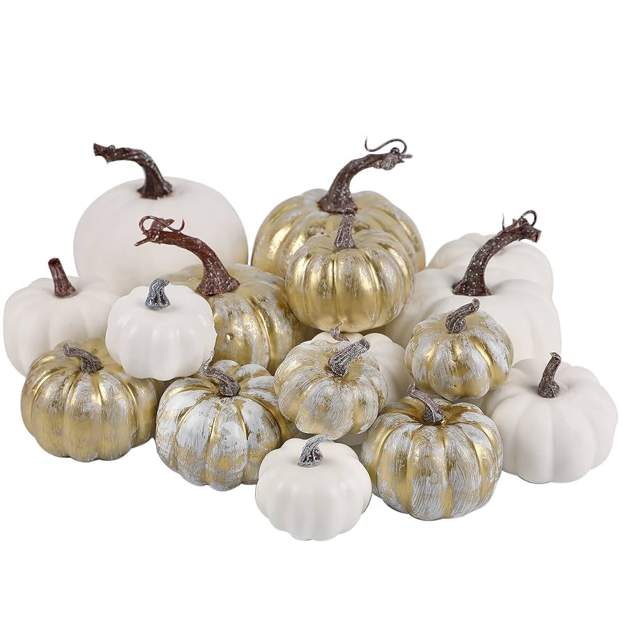 winemana 16 Pcs Golden and White Pumpkins Thanksgiving Pumpkin Decorations Assorted Sizes, Artifi... | Amazon (US)