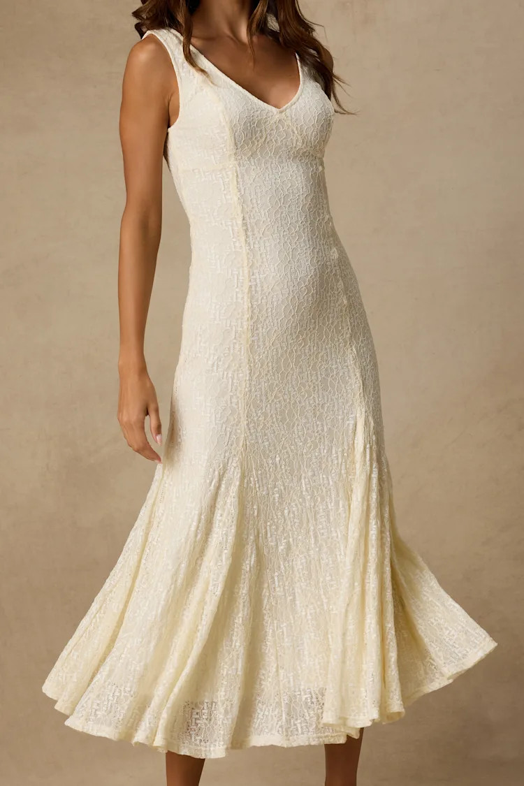Effie Cream Lace V-Neck Midi Dress | Lulus
