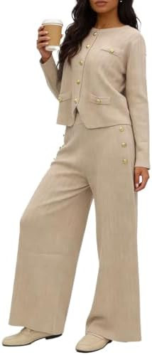 LEO'S VASE 2026 Soft & Skin-Friendly Knit 2 Piece Sets for Women, Long Sleeve Cardigan and Wide L... | Amazon (US)