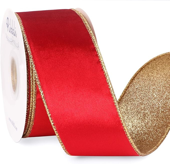 Ribbli Red Velvet Ribbon Wired 2.5 Inch Glossy Velvet with Gold Glitter Christmas Ribbon for Chri... | Amazon (US)
