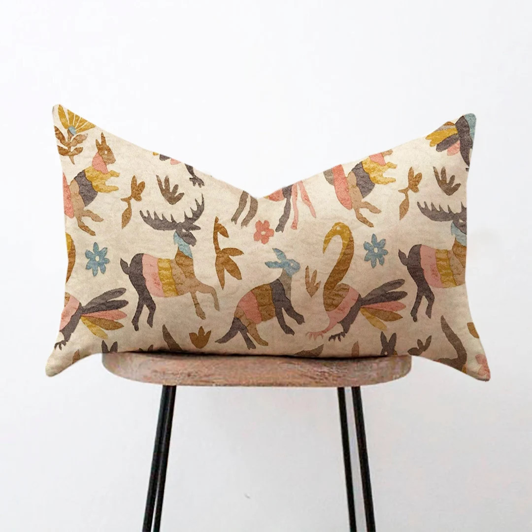Otomi Animals Lumbar Pillow Cover - Blue, Pink, Brown, Yellow - Animal Print - 12x16, 12x18, 12x2... | Etsy (US)
