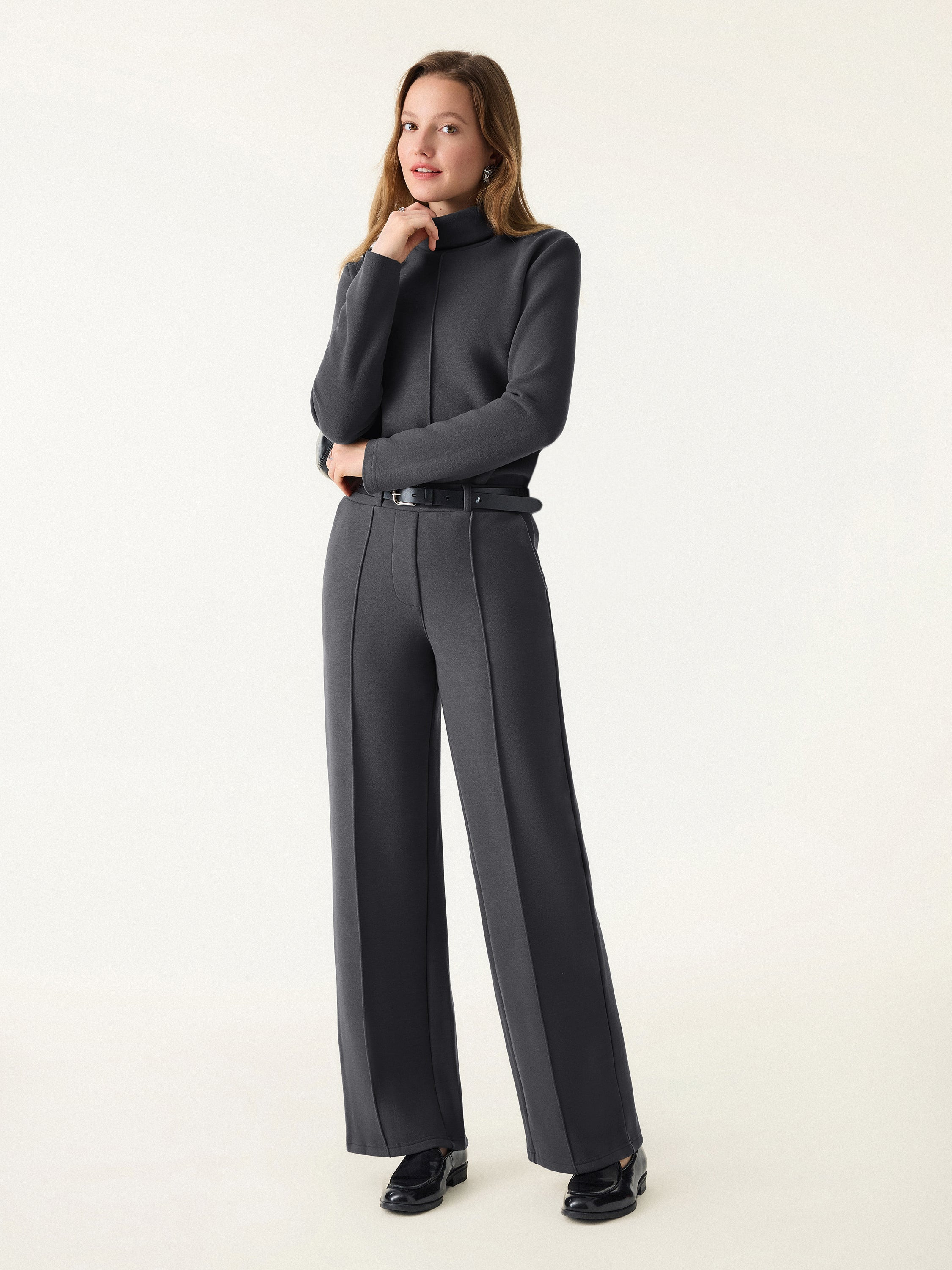 2Pcs Set FuzzLuxe Turtleneck Top & Regular High Waisted Straight Leg Pull On Pant | OGLmove